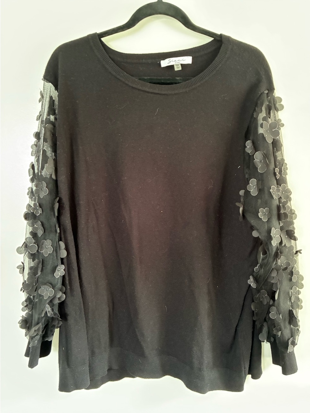 SHEIN Black Sweater with 3D Floral Mesh Sleeves